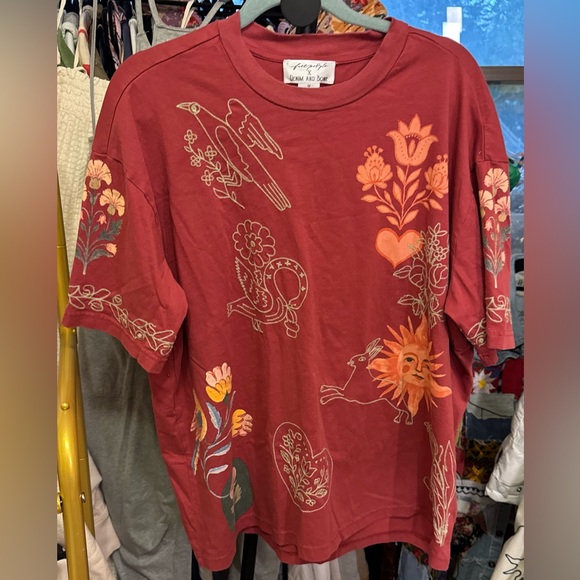 NWT Free People Denim And Bone Telling Tales Tee - brick red combo - medium - Picture 6 of 11